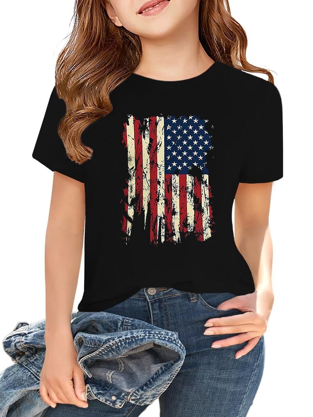 Girls Sz 6 American Flag T Shirt Distressed Patriotic US Black Short Sleeve